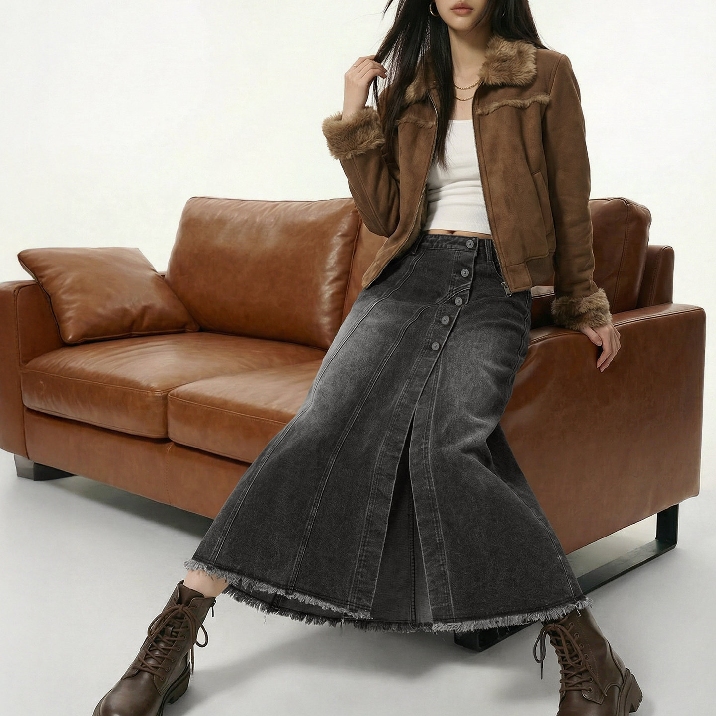 MADEN Ash Grey Split Denim Skirt