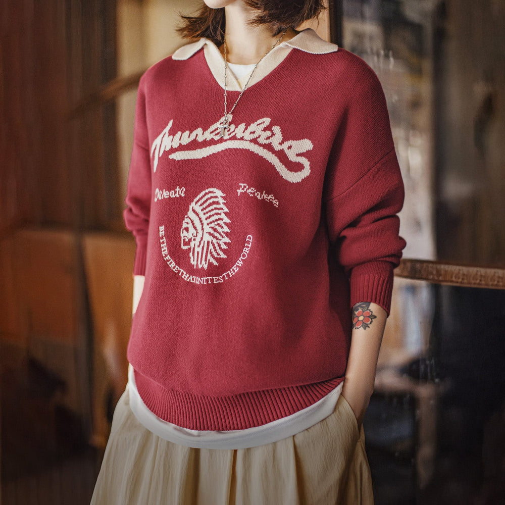 MADEN Retro Burgundy Color-Block V-Neck Sweater