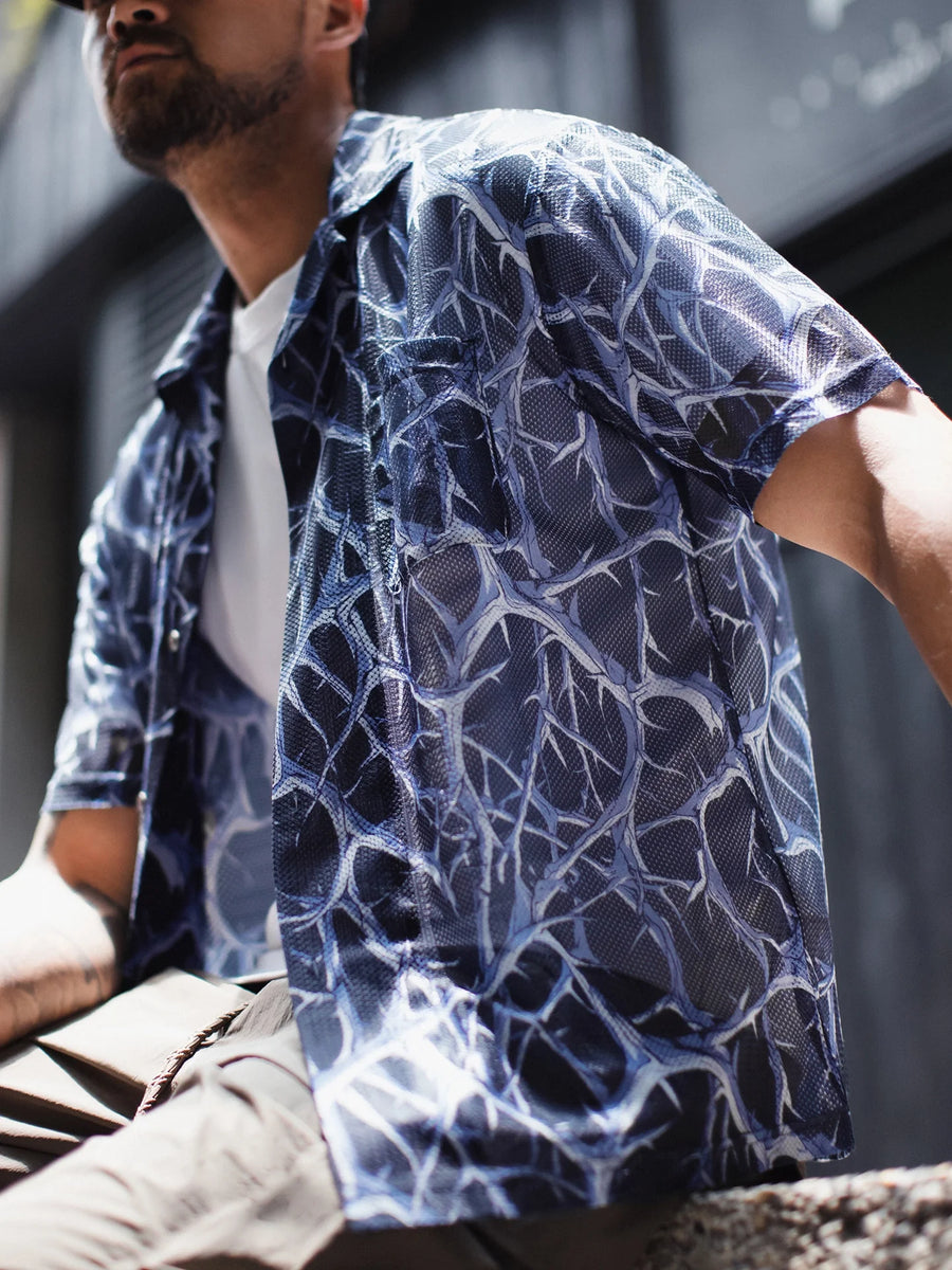 MADEN Men's Thorn Print Short Sleeve Mesh Shirt