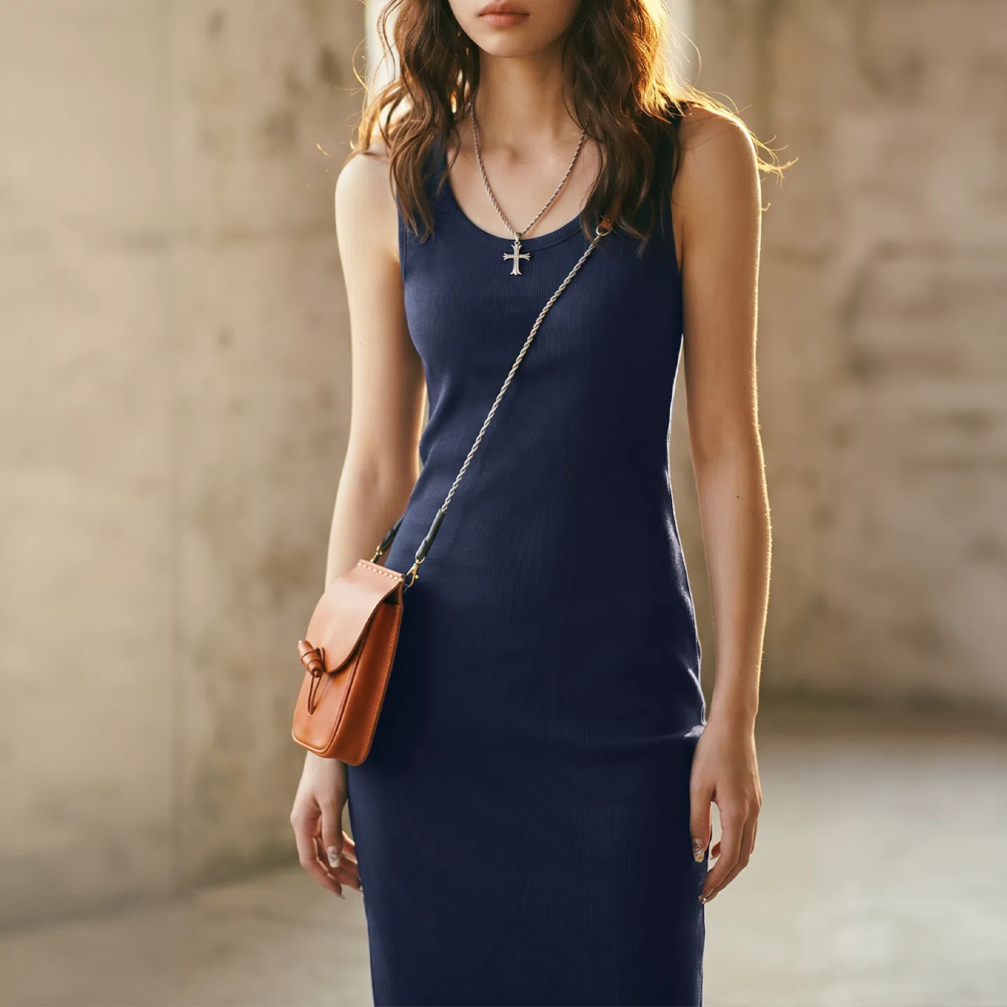 MADEN Women's Wide-Strap Sleeveless U-Neck Fitted Dress