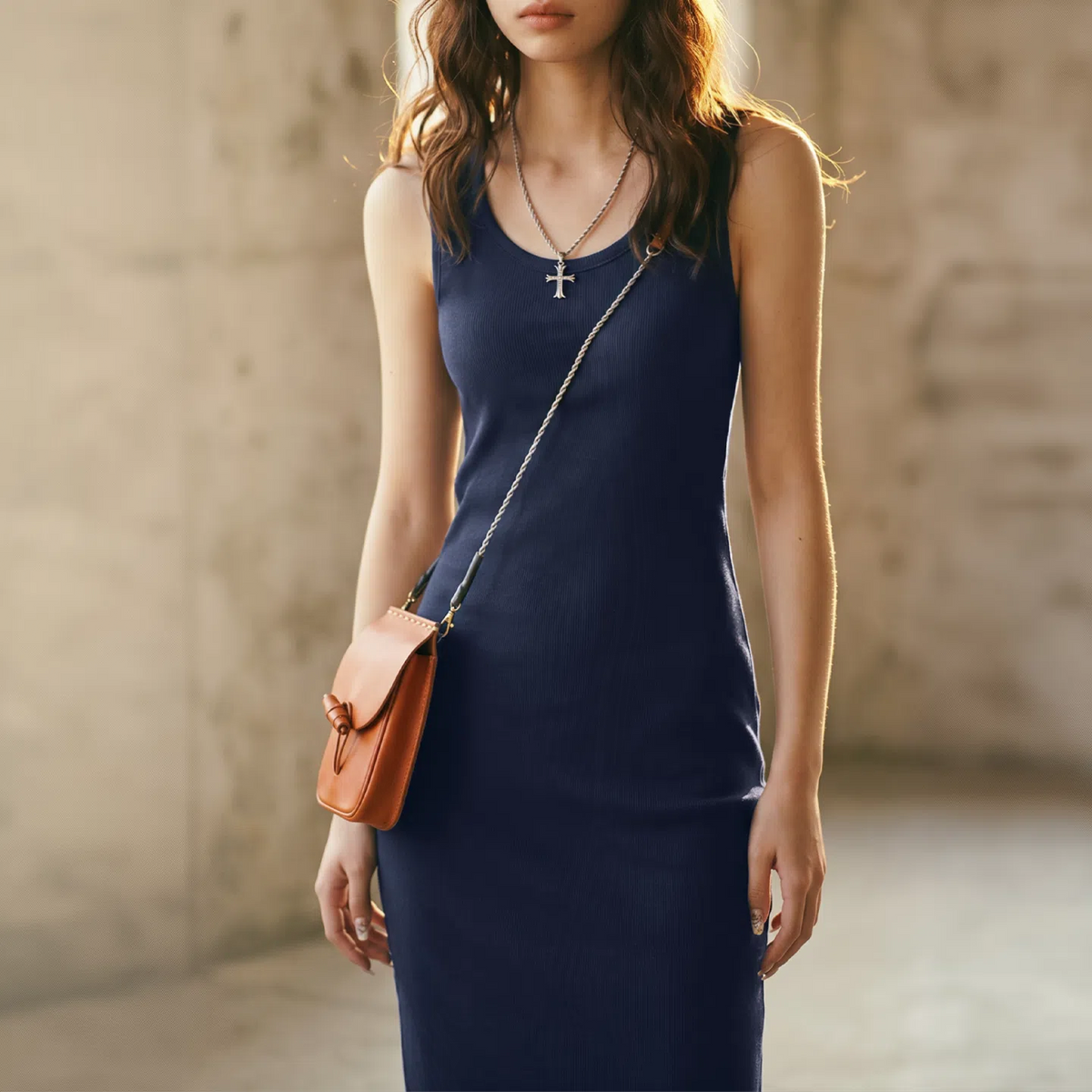MADEN Women's Wide-Strap Sleeveless U-Neck Fitted Dress