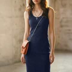 MADEN Women's Wide-Strap Sleeveless U-Neck Fitted Dress