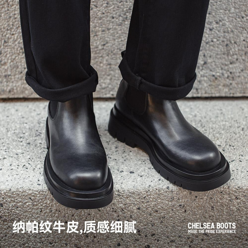 Maden Men's Chelsea Derby Shoes Slip-On Thick Sole Height-Boosting Casual Black Leather Ankle Boots
