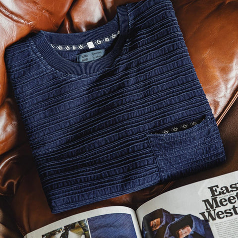 MADEN Men's Casual Jacquard Knitted T-shirt Wave Pattern Cozy Soft Tshirts Textured Loose Fit Short Sleeve Summer Tee