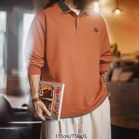 Polo homme MADEN style rétro navajo orange en maille à manches longues, broderie, tenue décontractée printemps-automne, col double épaisseur, extérieur 
