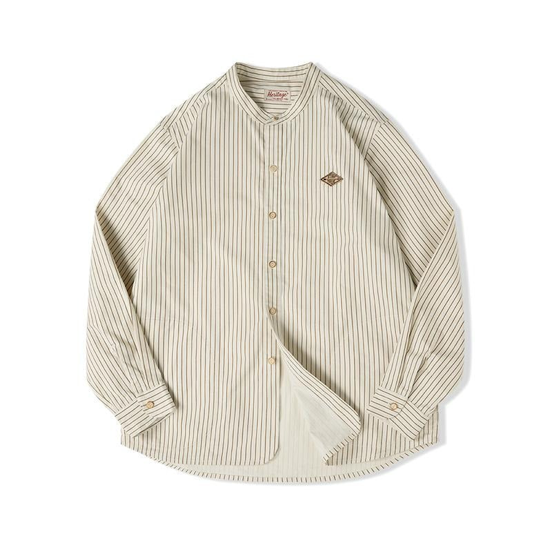 Chemise rayée à manches longues MADEN, col montant – 100 % coton 
