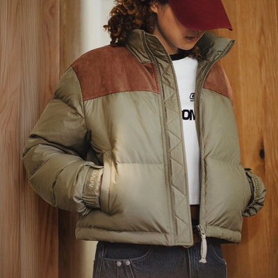 MADEN Women's Short Down Jacket 90% Duck Down Warm Thick Cropped Puffer Coat Retro Suede Patchwork Stand Collar Winter Outerwear