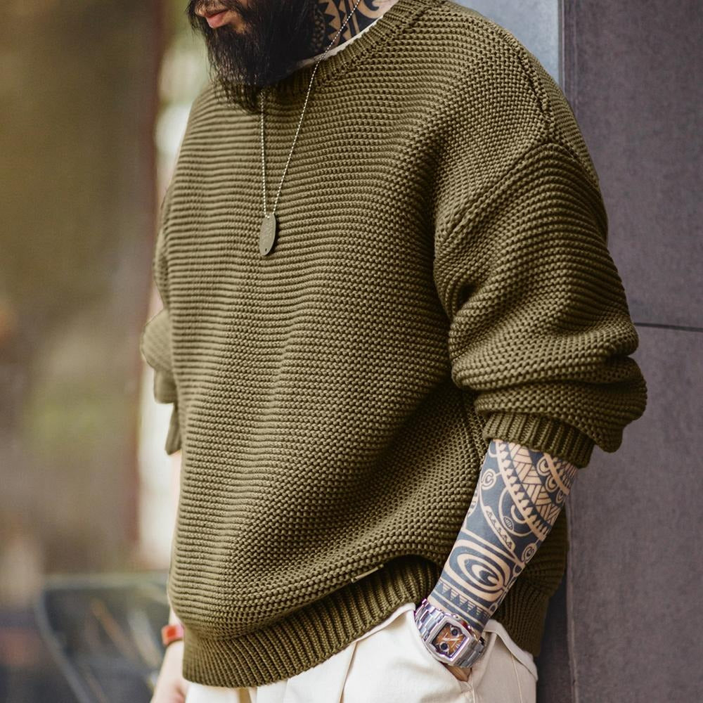MADEN Men’s Heavyweight Chunky Knit Sweater – Loose Fit Round-Neck Pullover
