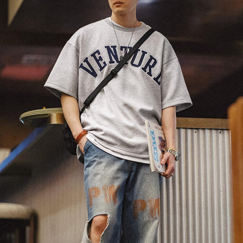 Camiseta casual holgada para hombre MADEN con letras bordadas estilo retro, ropa de verano para hombre Tío Fu