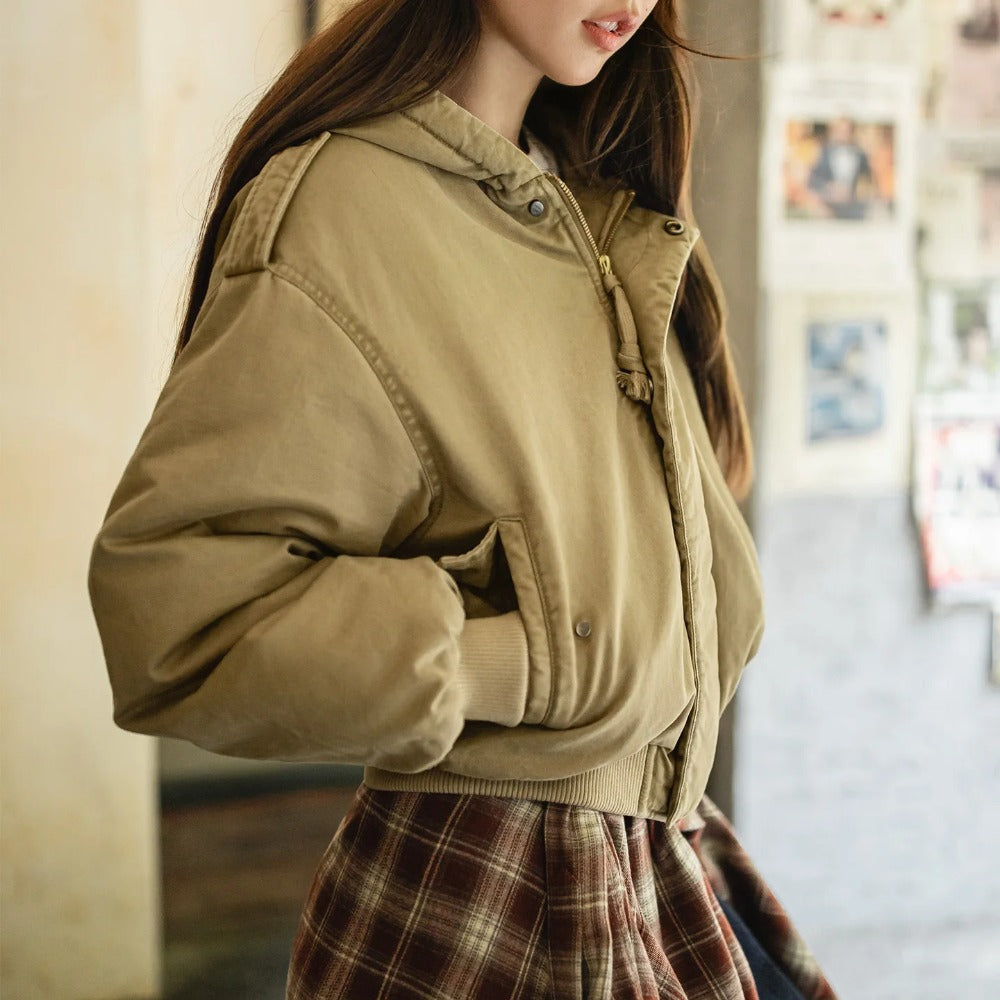 MADEN Women Hooded MA-1 Bomber Jacket Cotton Padded Short Coat Thick Warm Casual Khaki Flight Jacket Vintage Utility Style