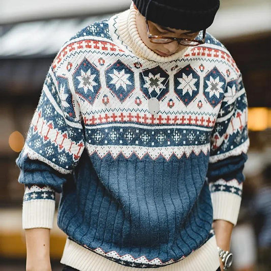 MADEN Men's Heavyweight Cotton Turtleneck Snowflake Sweater