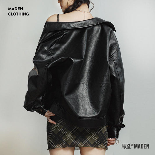 MADEN Vintage Leder-Motorradjacke mit Kragenklappe