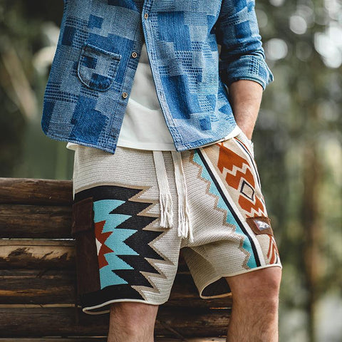 MADEN Retro Navajo Totem Knitted Shorts Men's Casual Embroidery Geometric Beach Short Pants Drawstring Elastic Waist Shorts