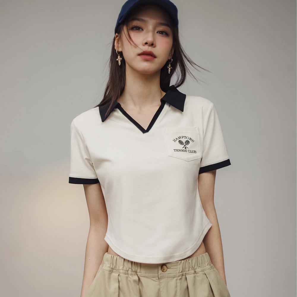 Maden Vintage V-Neck Shirt Women’s Casual Contrast Tee