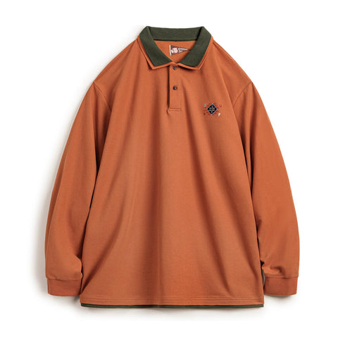 Polo homme MADEN style rétro navajo orange en maille à manches longues, broderie, tenue décontractée printemps-automne, col double épaisseur, extérieur 