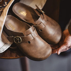 Zapatos tipo zueco MADEN de cuero Crazy Horse para hombre, sin cordones, medio deslizante, con suela gruesa nueva, punta de corcho para exterior, zapatillas casuales retro