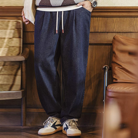 MADEN Men's Casual Jogger Denim Jeans with Elastic Waist and Drawstring Washed Straight-Leg Lose Pants for Men