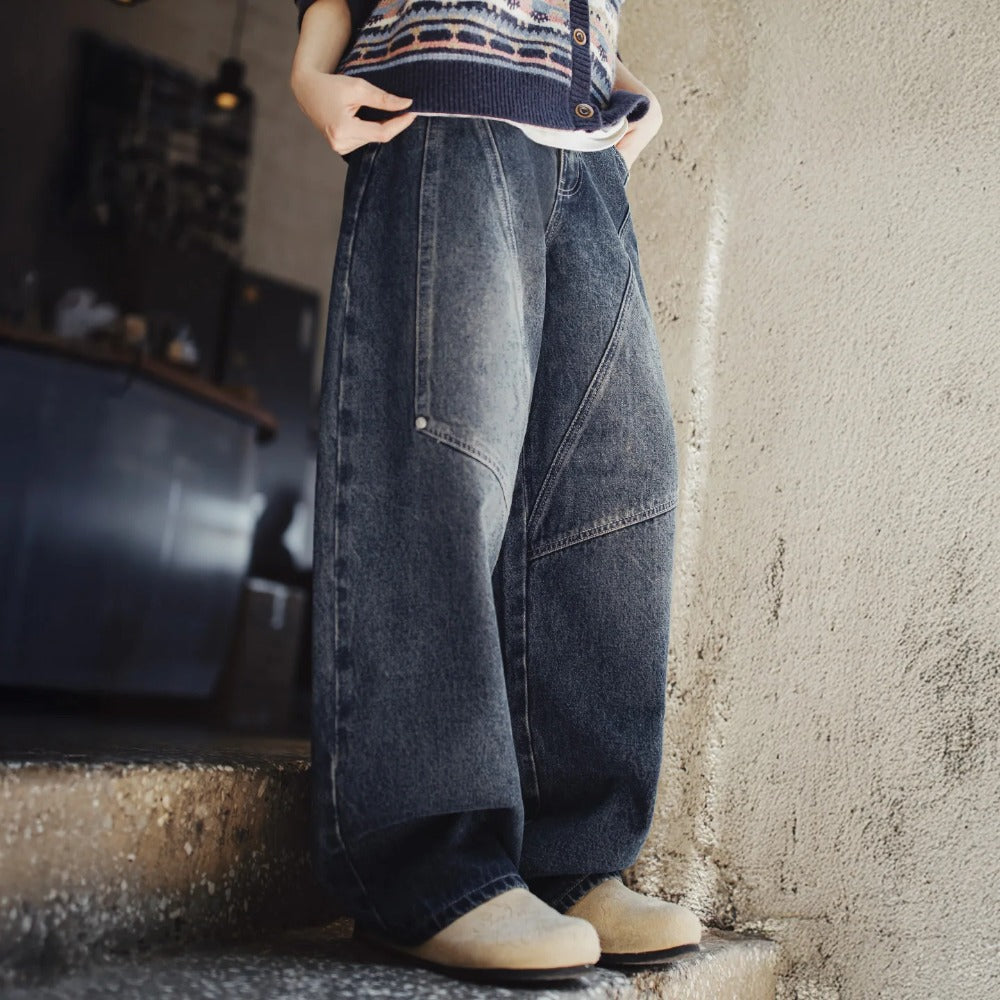 MADEN 15oz Patchwork-Jeans-Cargohose mit weitem Bein