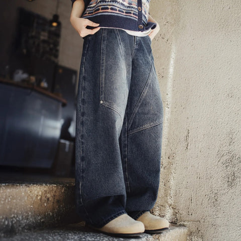 MADEN Women's Vintage Denim Cargo Pants 15oz Patchwork Wide Leg Jeans Loose Fit YKK Zipper Workwear Casual Trousers for Autumn