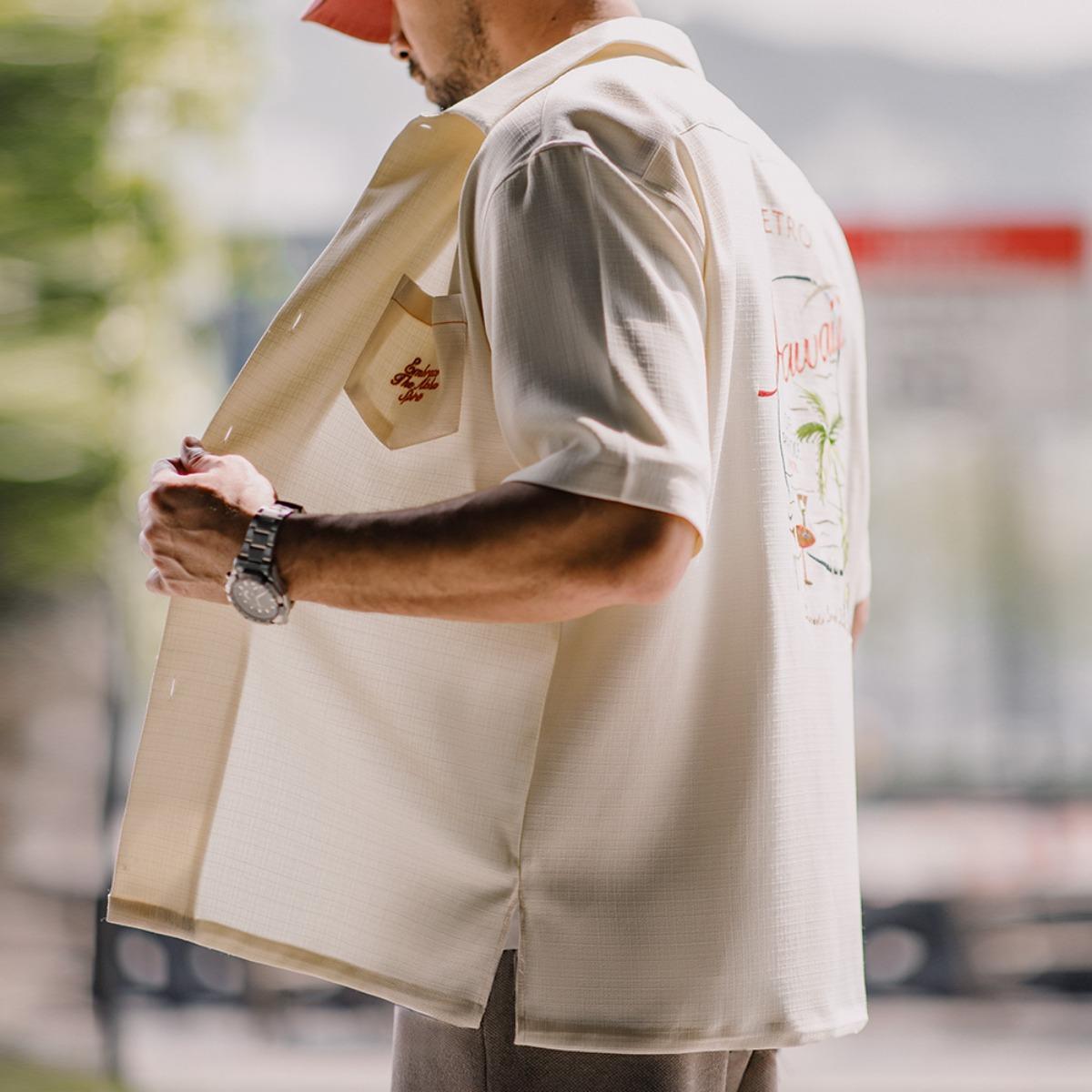 MADEN Retro Hawaiian Embroidery Cuban Collar Shirt