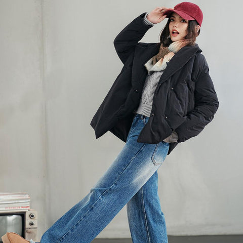 MADEN Damen-Steppmantel, locker geschnitten, einfarbig, warm, Winter, bequem, vielseitig, dicker Reverskragen, Basic, schwarz 