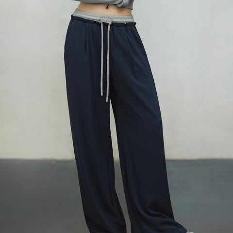 Pantalones de pierna ancha azul marino MADEN para mujer, ajuste holgado, cintura elástica, pantalones casuales, pantalones largos hasta el suelo con caída, pantalones cómodos