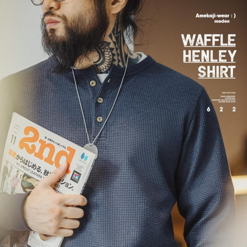 MADEN Slim Fit Waffelstrick Henley Langarmshirt