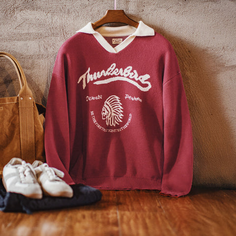 MADEN Retro Burgunderfarbener Color-Block V-Ausschnitt Pullover 