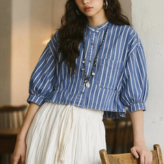 MADEN Women's Denim Stripe Crop Shirt