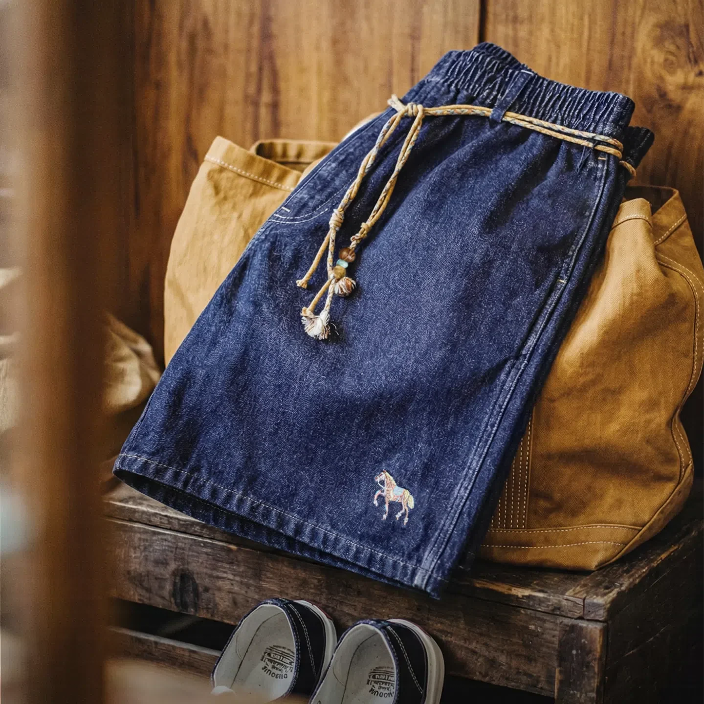 MADEN Washed Denim Embroidered Straight-Leg Shorts