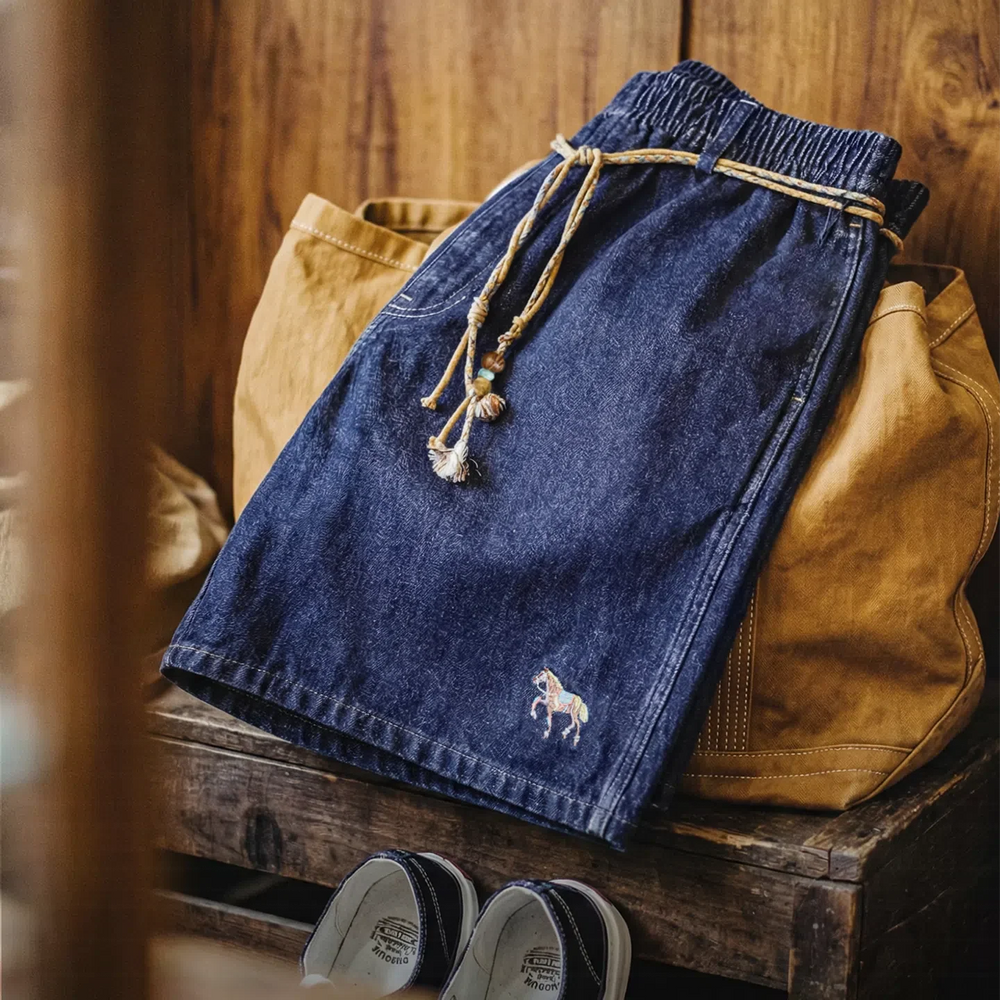 MADEN Washed Denim Embroidered Straight-Leg Shorts