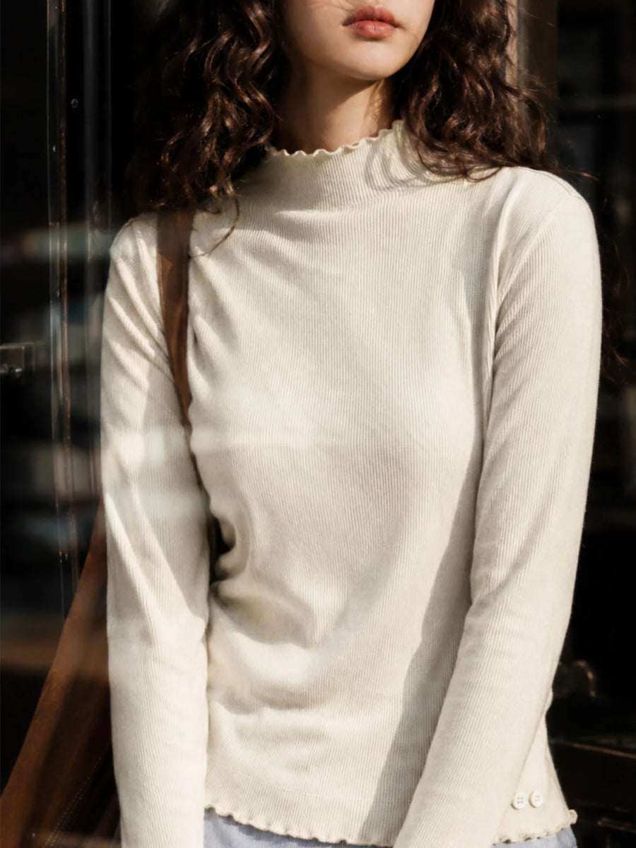 MADEN Women's Ruffle Trim Cotton Long-Sleeve T-Shirt