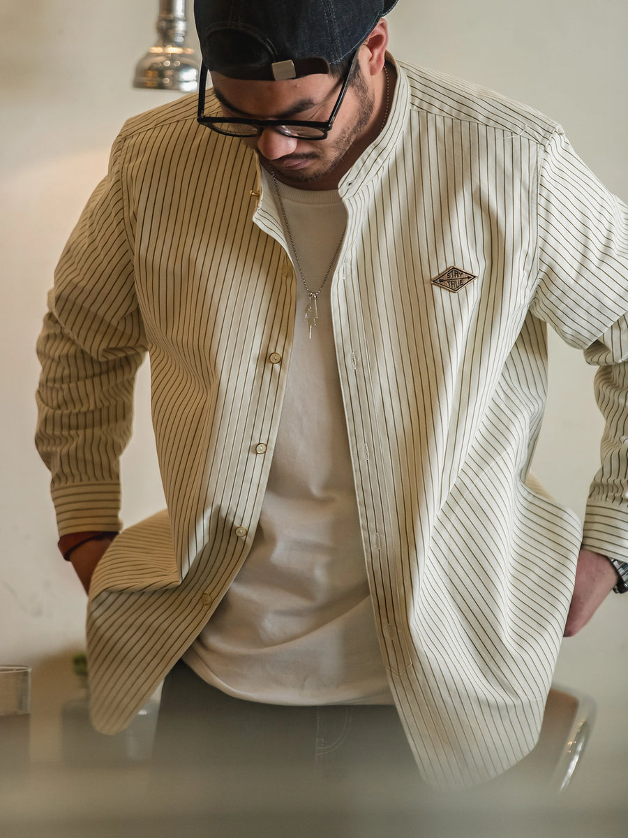 MADEN Stand Collar Striped Shirt – Cotton 100%