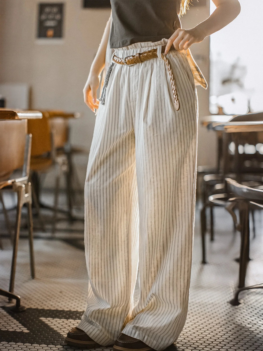 MADEN Women's Linen-Feel Striped Wide-Leg Pants