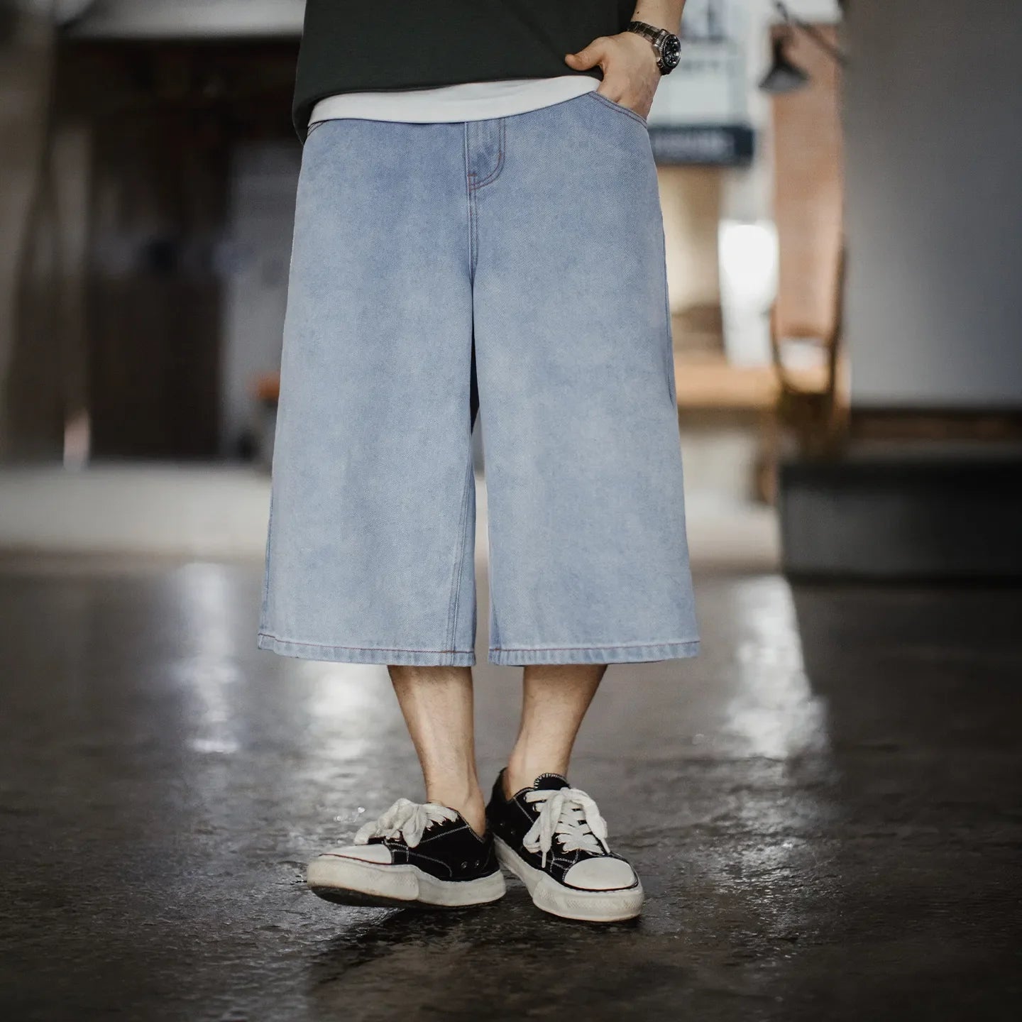 MADEN Ice Blue Washed Denim Cropped Pants
