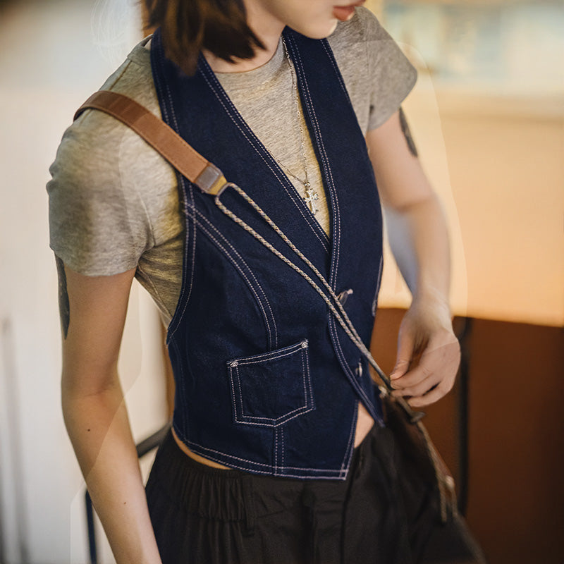 MADEN Women's Y2k Distressed Denim Vest with Raw Hem