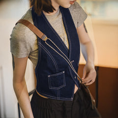 MADEN Women's Y2k Distressed Denim Vest with Raw Hem