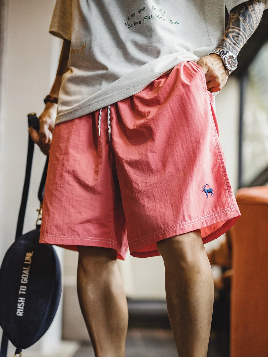 MADEN Men's Embroidery Loose-Fit Drawstring Beach Shorts