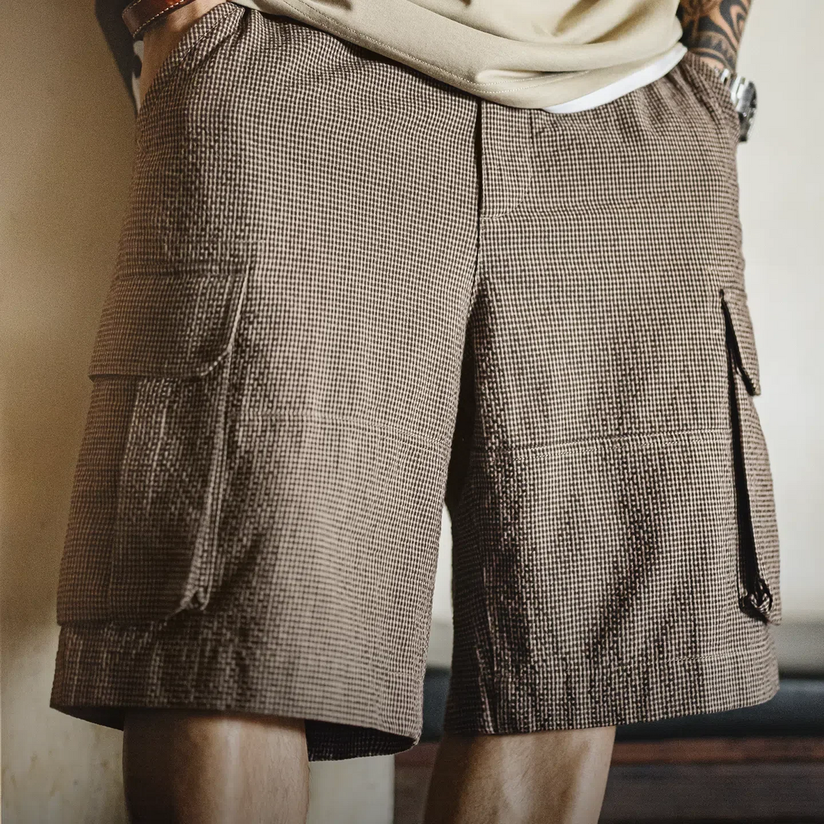 MADEN Plaid Cotton Casual Shorts for Summer