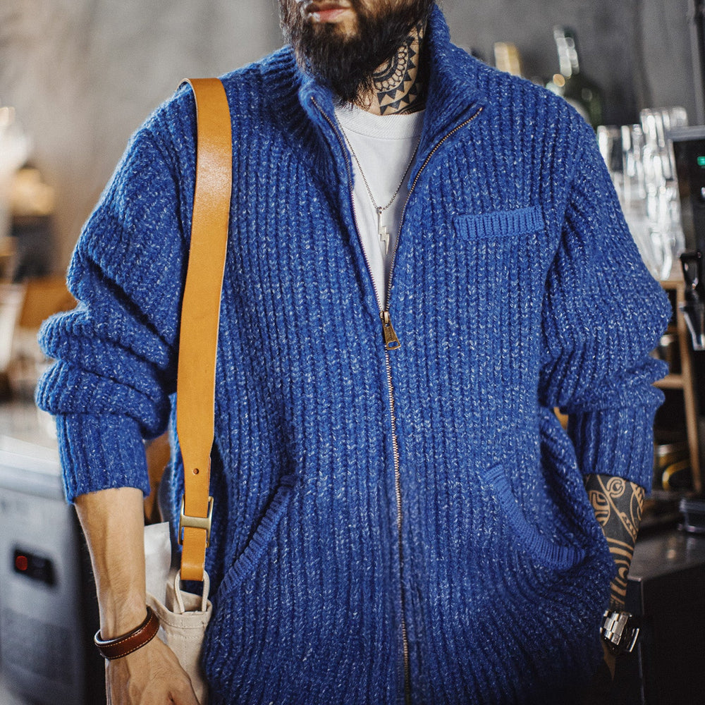 MADEN Blue Stand Collar Cardigan Sweater