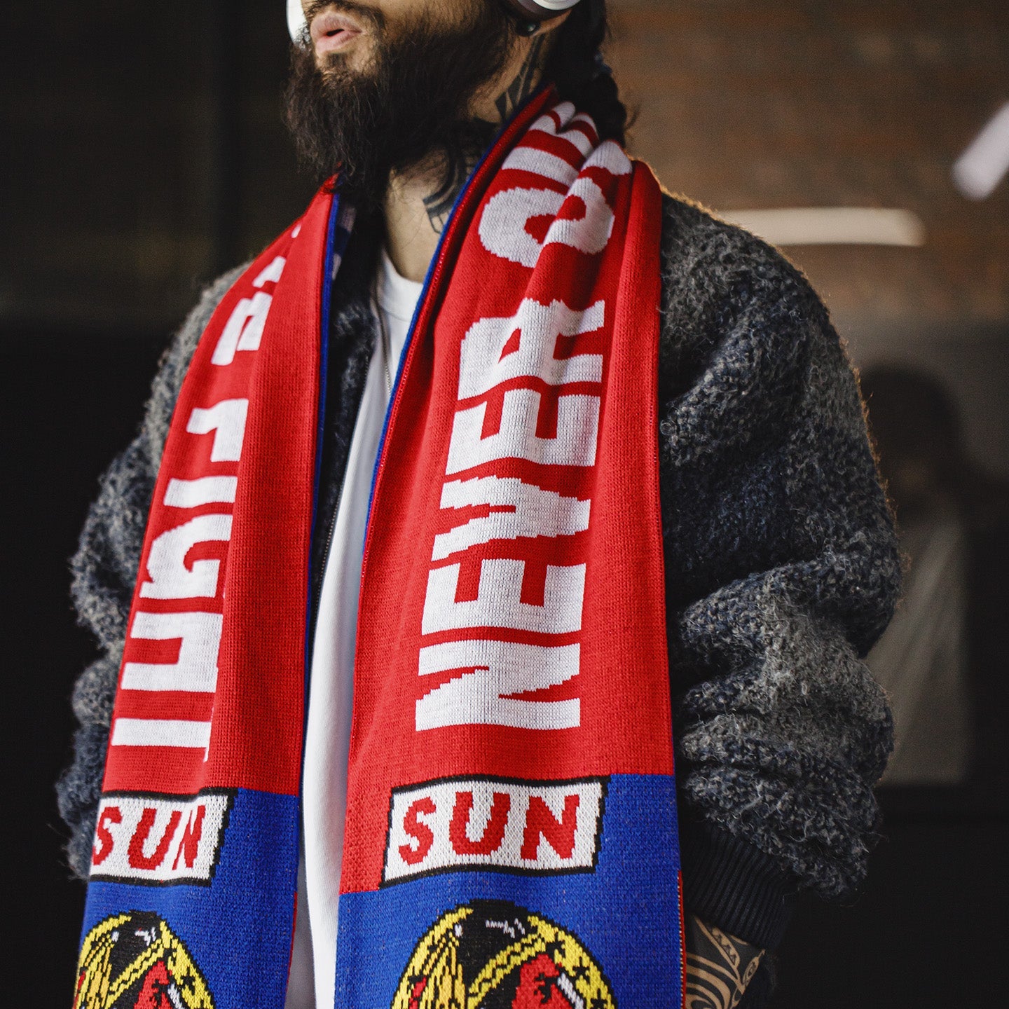 MADEN Red Fringe Knit Fan Scarf