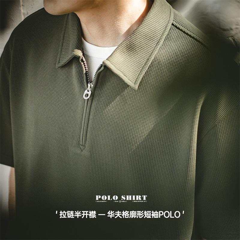 Polo gaufré MADEN pour homme, 330 g, épais, demi-zip, col à revers, manches courtes, idéal pour l'été