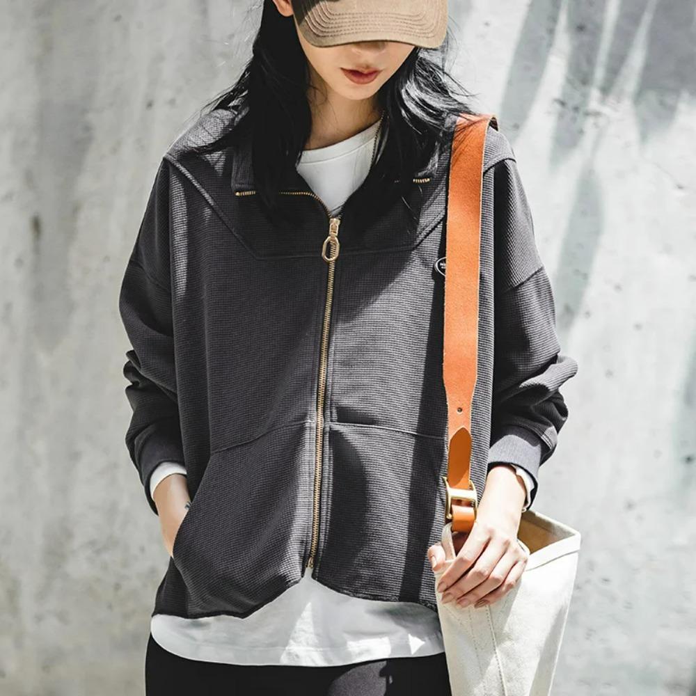 MADEN Damen-Kapuzenjacken mit Reißverschluss, Waffelrippbündchen, lässige Jacken, Harajuku-Sweatshirts, Mäntel mit halbhohem Stehkragen, Streetwear 