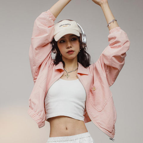 Maden Damen-Baseballkragenjacke – Lässiger rosa Mantel 