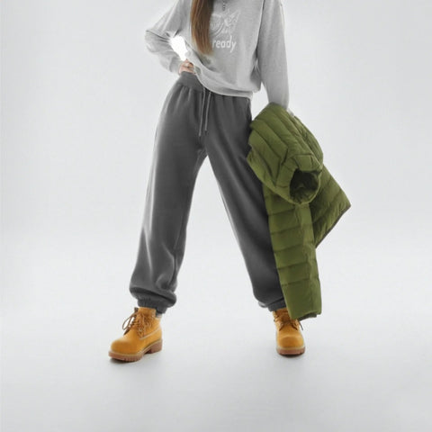 MADEN Winter Thick Fleece Sweatpants Women Warm Joggers Cozy High-Waist Casual Thermal Pants Dark Gray