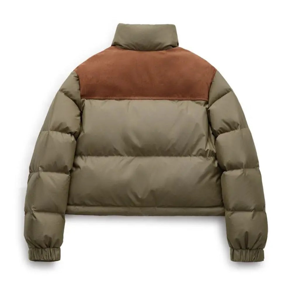 Chaqueta corta de plumón para mujer MADEN 90% plumón de pato cálida gruesa corta acolchada parche de ante retro cuello alto ropa de abrigo de invierno
