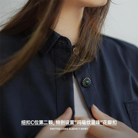 MADEN Jeanshemd mit Taschen und Patchwork-Design für Damen, langärmelige Freizeitjacke, marineblaues Baumwollhemd, Herbstblusen, Streetwear-Tops 