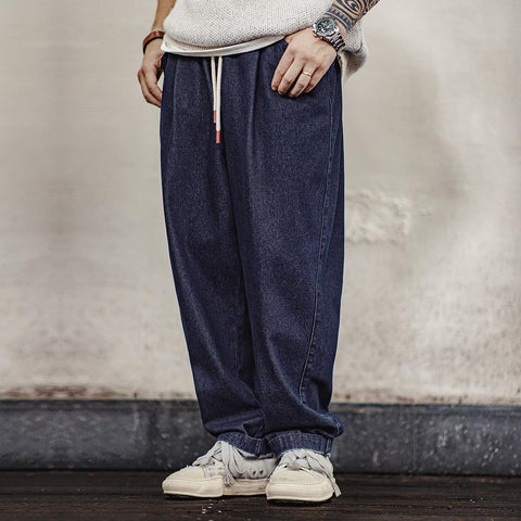 MADEN Men's Casual Jogger Denim Jeans with Elastic Waist and Drawstring Washed Straight-Leg Lose Pants for Men
