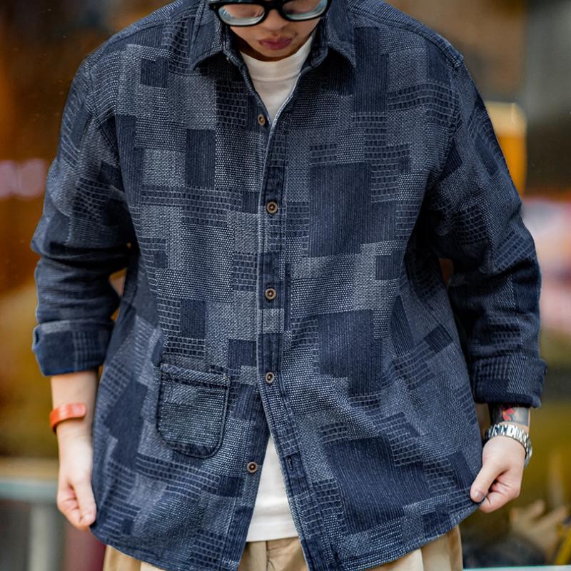 MADEN Boro Denimhemd mit Jacquard-Patchwork
