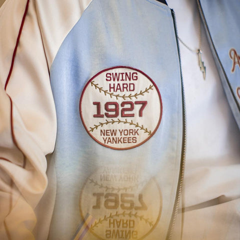 MADEN Men's Sukajan Baseball Jacket Retro Satin Embroidered Design Varsity Coat Y2K Outerwear Bomber Jackets Blue Yankees-Inspired